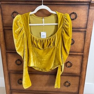 Free People yellow velvet puff sleeve top